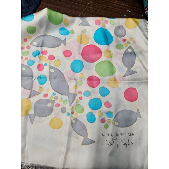Vintage Sylvia Blanchard For Lord & Taylor Silk Fish Print Scarf - Picture 5 of 6